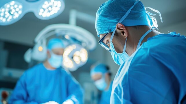 A surgeon using augmented reality to guide surgery, futuristic operating room with AR projections and medical tools, High-tech style