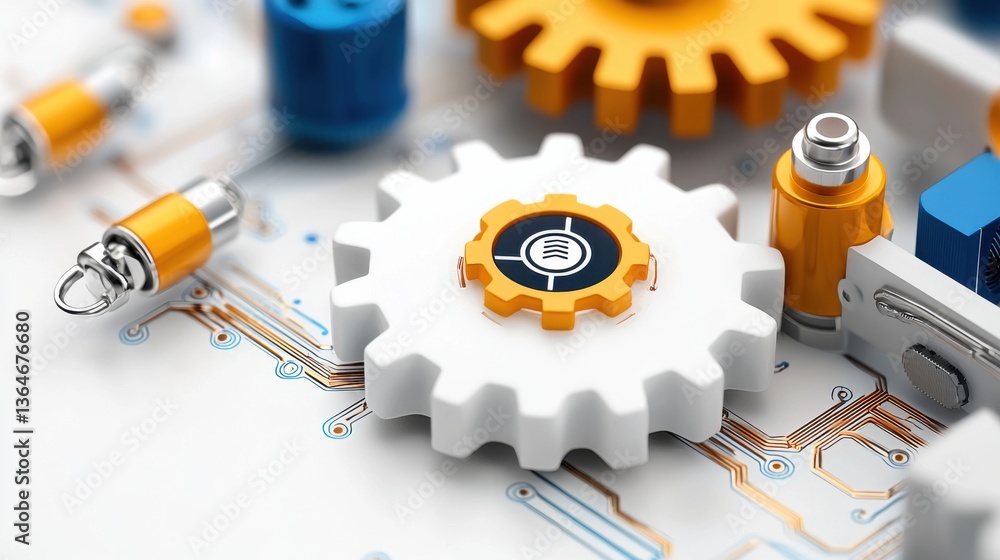 Poster closeup view of industrial gear mechanism with metallic cogs and cogwheels on an abstract technical 