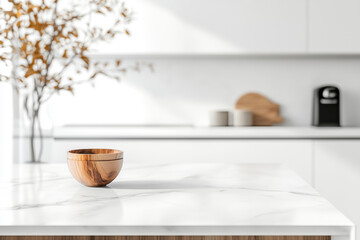 Wooden bowl on clean marble counter
