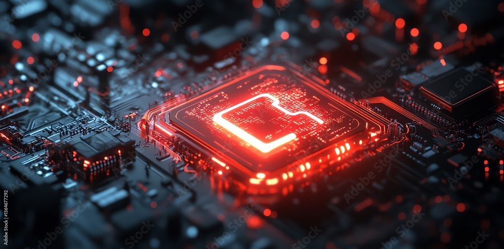 Aufkleber illuminated circuit board close-up featuring glowing red microprocessor technology