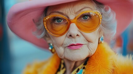 Elderly caucasian woman in vibrant fashion with pink hat and orange glasses