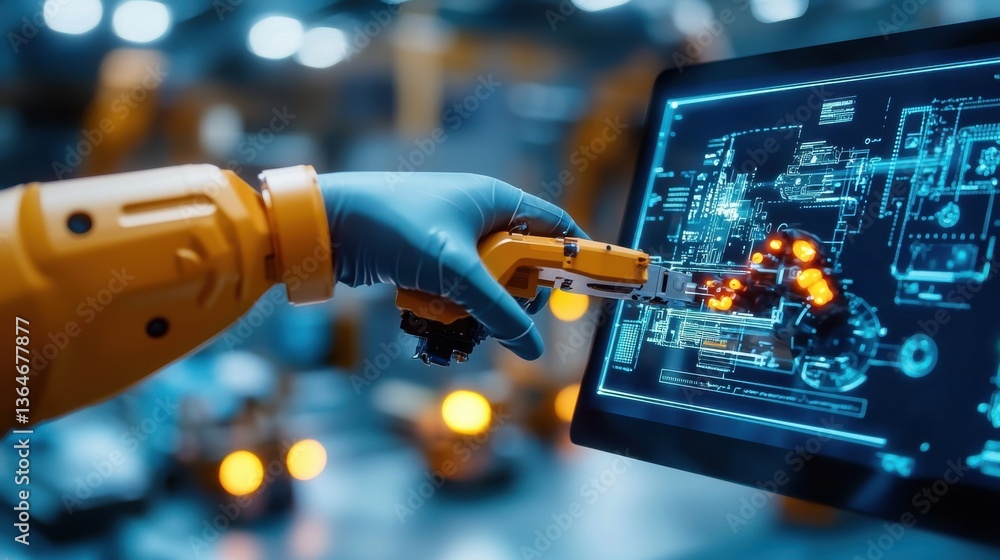 Poster robotic arm manipulating digital engineering blueprint or schematic on tablet computer screen futuri