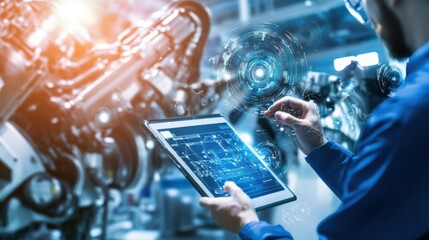 A tech engineer calibrating an AI system for predictive maintenance, high-tech factory with machinery and AI diagnostic tools, High-tech style