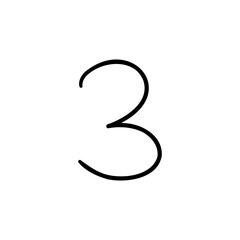 Slim digit number three 3. Black font symbol in hand drawn doodle style. Vector illustration isolated on white background. For menu, presentation, branding, font, education, math.