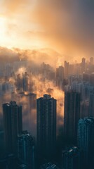 Fototapeta premium Ethereal City View at Sunrise with Soft Golden Light and Mist