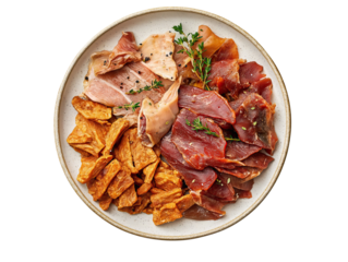 Appetizers Pieces of dried meat lie on a plate against a transparent background 