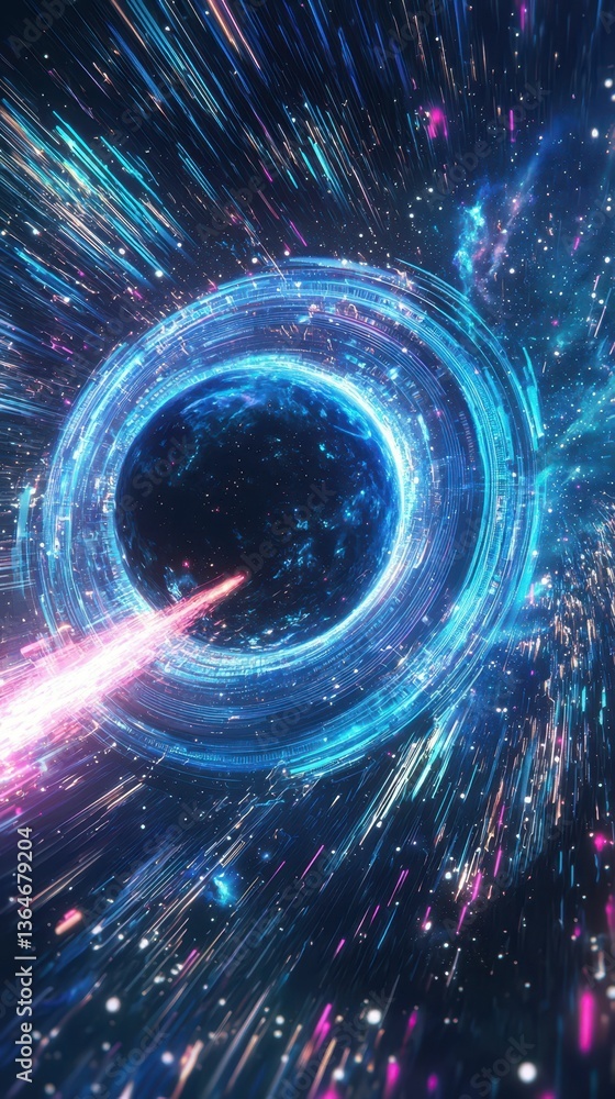 Poster abstract futuristic digital planet with bullet orbiting space stream
