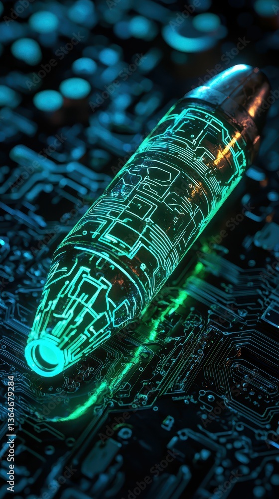 Poster futuristic bullet design with circuit patterns and glowing effects