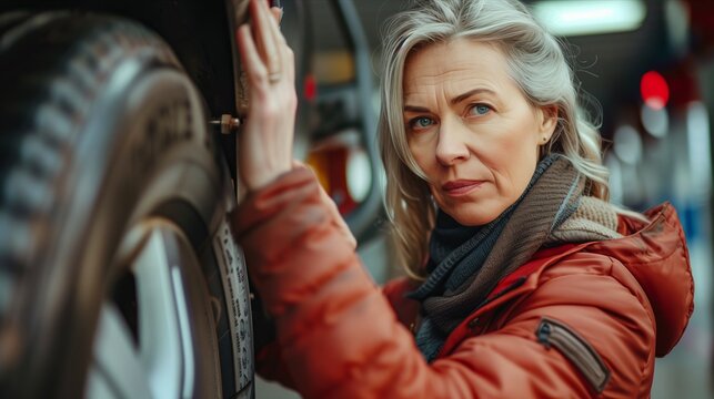 Confident woman inspecting a car tire in an urban setting, showcasing empowerment and automotive knowledge.