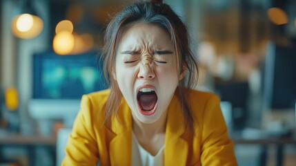 Asian female adult yawning in office with tired expression