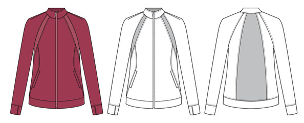 Women’s Jacket – Flat Fashion Technical Vector, Flat sketch of a women's jacket with front and back views. Great for fashion tech packs and outerwear design.