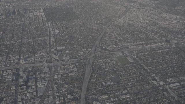 Aerial view of rush hour traffic at the I-405 & I-10 Interchange in Los Angeles, California - SLog3