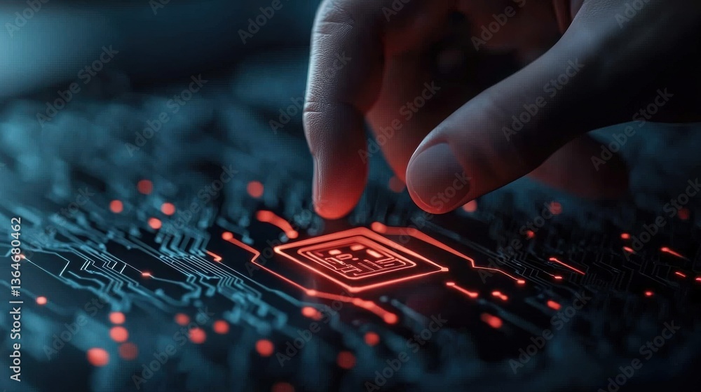 Poster closeup view of a glowing red circuit board filled with electronic components microchips and intrica