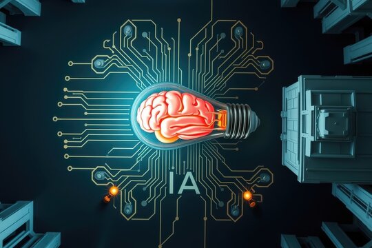 Intelligenza artificiale rappresentata da cervello in lampadina tra circuiti e architetture futuristiche