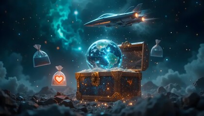 Mystical Cosmic Treasure Chest With a Floating Galaxy Globe and Stardust Aura