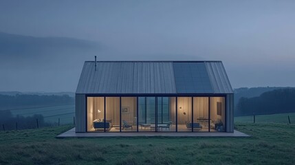 Fototapeta premium Modern minimalist house on a hill at dusk, featuring large glass windows and a metal roof with solar panels.