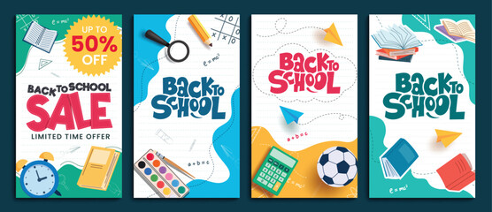 Back to school sale clipart poster set. School educational clip art banner with 50% off discount for shopping poster collection vector illustration.   © AmazeinDesign