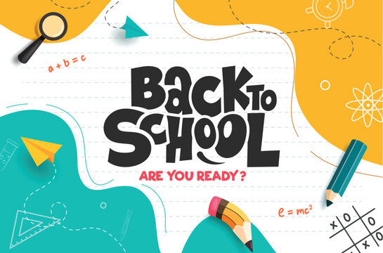 Back to school greeting clipart template. School educational drawing clipart in paper abstract background with learning tools, supplies and items vector illustration. 
