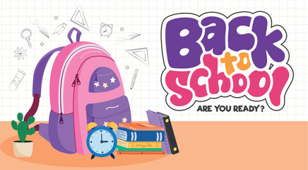 Naklejka premium Back to school greeting clipart design. School greeting text with educational elements, items, supplies and learning materials in grid background vector illustration. 