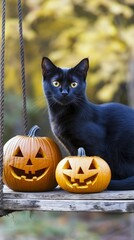 Black Cat  Pumpkins  Autumn Porch Swing  Halloween