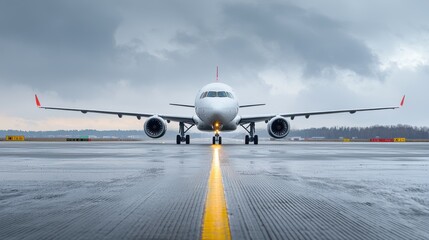 Commercial passenger airplane maneuvering and taxiing on the airport runway during stormy weather conditions with cloudy sky and rain