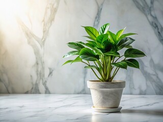 Lush Green Plant on Marble Countertop - Modern Minimalist Still Life Stock Photo
