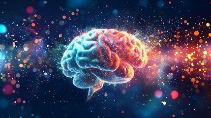 A glowing brain amidst colorful sparks symbolizes the vibrant complexity of mental health.