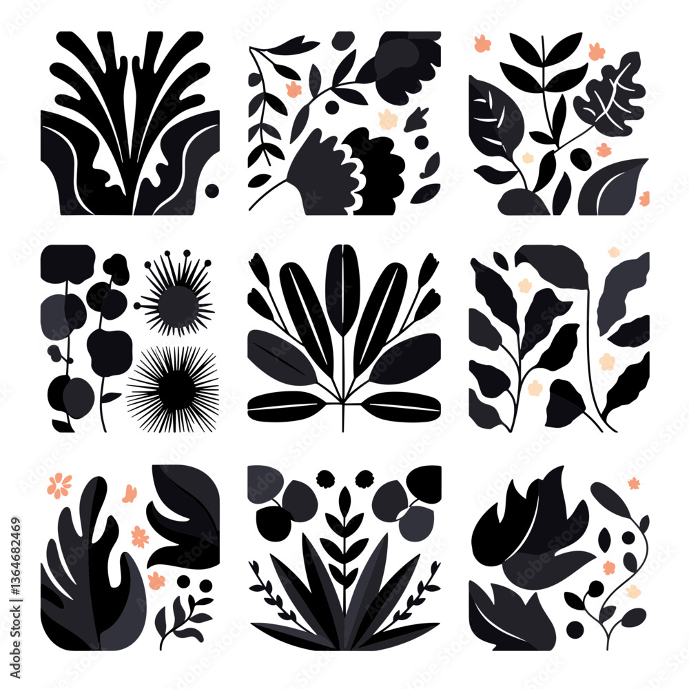 Poster monochrome botanical collection: elegant and stylish, the nine squares present a sophisticated array