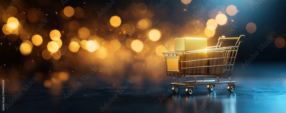 Aufkleber empty shopping cart or basket with glowing golden lights and bokeh effect on dark moody background e