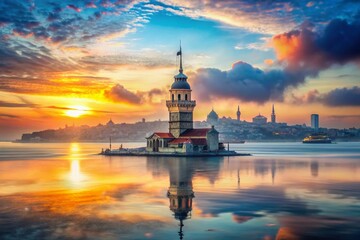 Fototapeta premium Maiden Tower Istanbul Bosphorus Double Exposure Sunrise Stock Photo
