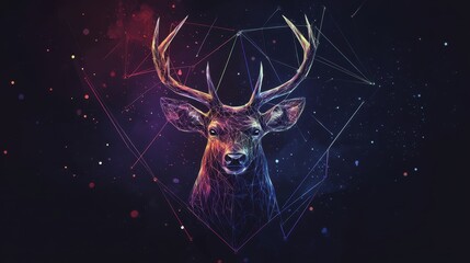 Fototapeta premium Colorful Deer Head with Geometric Art, and Space Background.