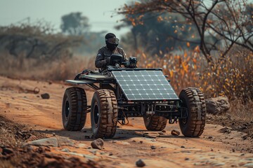 Fototapeta premium Innovative solar-powered vehicle navigating a rugged terrain, showcasing advancements in eco-friendly technology.