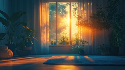 An open window emanates a soothing soft glow, filling the room with a comforting ambiance that invites relaxation, enhanced by space above for text.