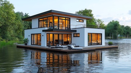 Modern Floating House on Calm Water