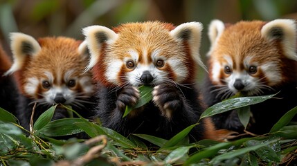 Adorable Red Pandas Eating Bamboo in a Zoo