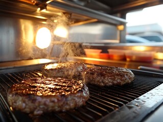 Photo of a close-up of sizzling food being cooked on a grill inside a food truck