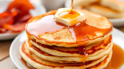 A stack of fluffy pancakes topped with butter and drizzled with maple syrup, alongside a side of bacon.