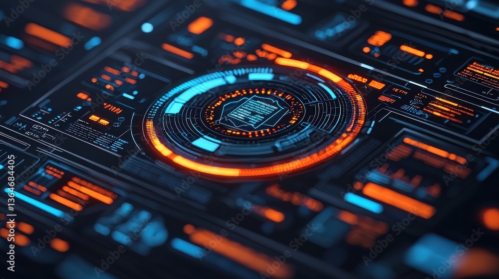 Poster futuristic digital interface with holographic data visualization and cyberpunk inspired aesthetic sh