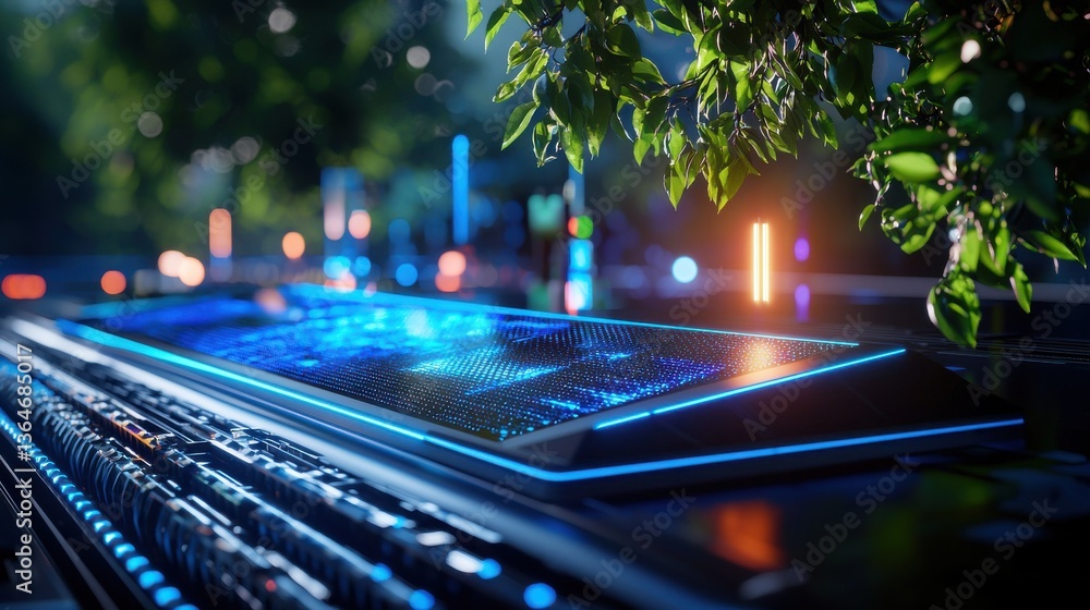 Poster illuminated laptop on desk with blurred leafy plants in a colorful night background creating a moder