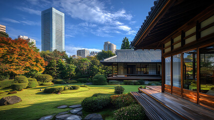 Obraz premium traditional japanese house and sleek city skyscraper