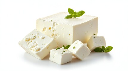 Fresh White Cheese Block with Chopped Pieces and Green Herbs on a Bright White Background