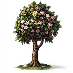 Fototapeta premium Blooming Spring Tree with Pink and White Flowers, Lush Green Foliage, Isolated on White Background