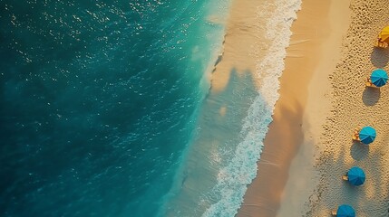 Aerial view of beach umbrellas and chairs on a tropical beach, ocean waves, and sandy shore