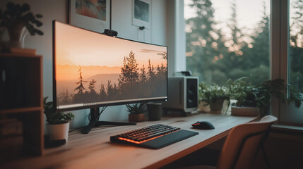 Serene workspace during golden hour with monitor displaying sunset over forested mountains
