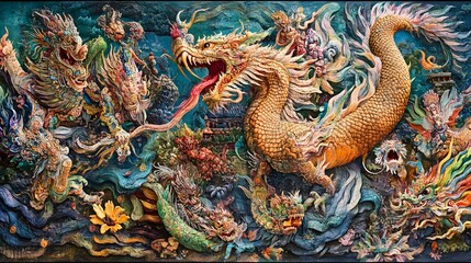 Fototapeta premium Vibrant underwater scene, colorful sea creatures swimming around a majestic mythical dragon, showcasing oceanic beauty and fantasy.