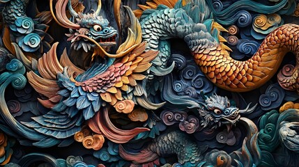 Obraz premium Vibrant dragon mural, detailed colorful artwork of mythical creatures, showcases cultural artistry and creativity, captivating visuals.