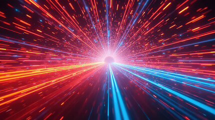 Naklejka premium A mesmerizing hyperspace tunnel filled with vibrant streaks of red, orange, blue, and pink light, creating a dynamic, futuristic atmosphere.