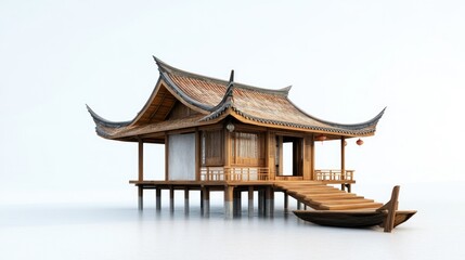 Obraz premium Serene Traditional Wooden House on Stilts Surrounded by Calm Water in Minimalist Style