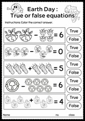 Obraz premium Make math fun with this Earth Day-themed True or False Equations worksheet! Kids practice addition & subtraction while learning about the environment. Perfect for kindergarten & early learners!