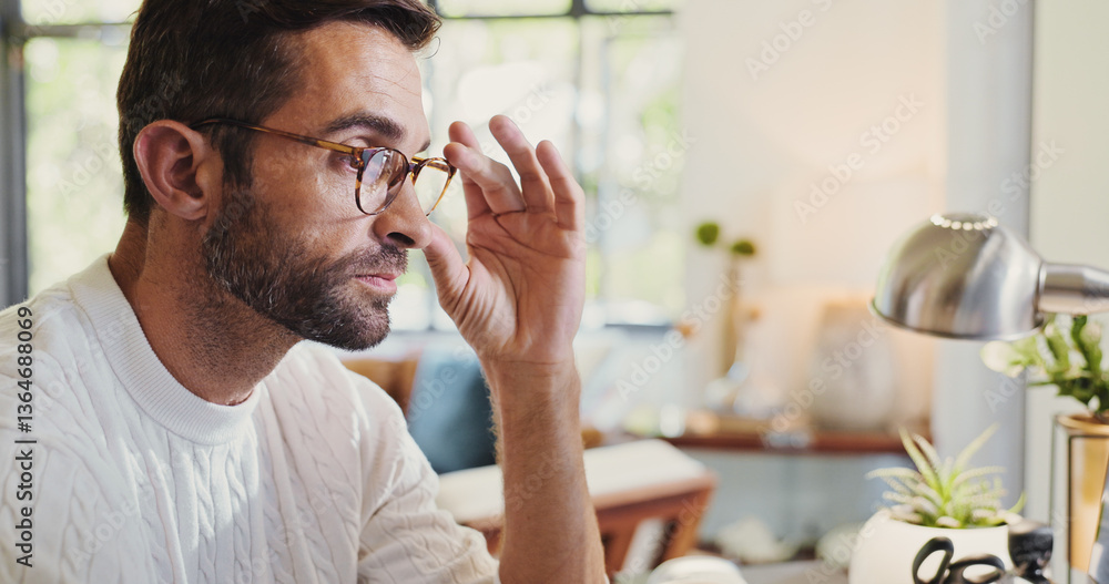 Poster glasses, reading and man in office with report for client feedback, review or planning for project. 
